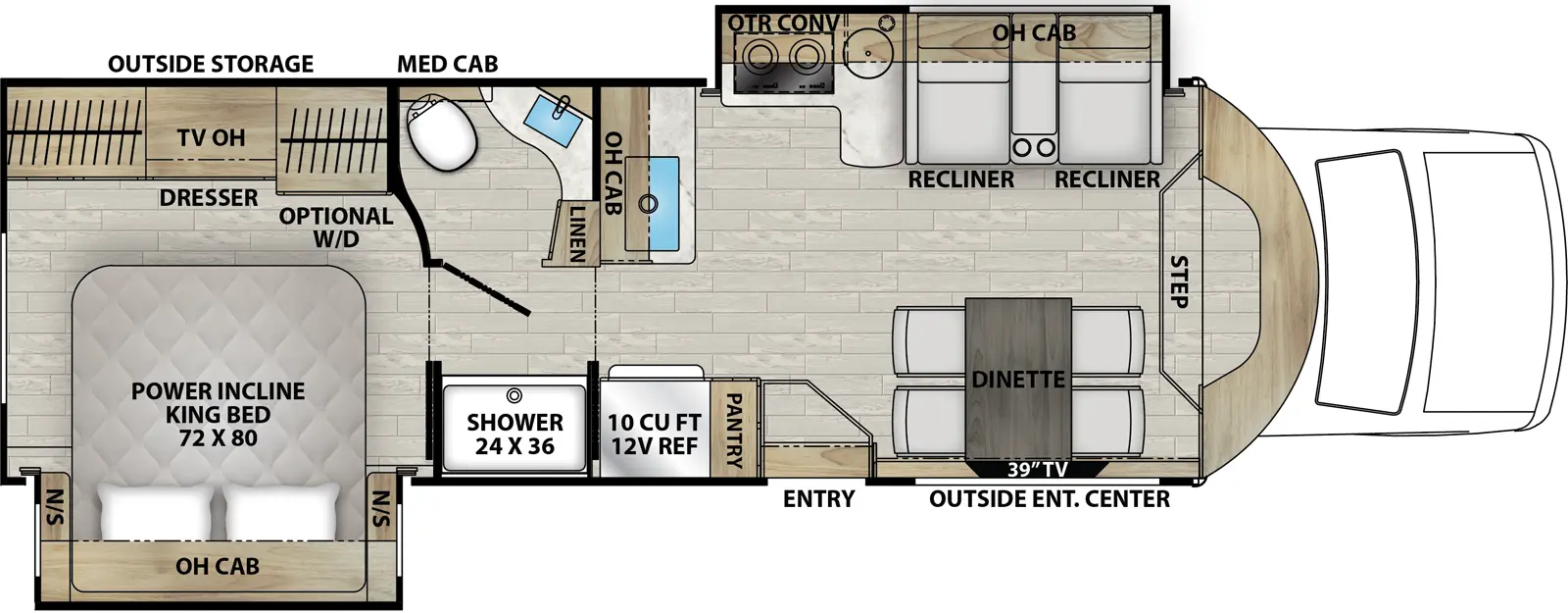 The 321DS has 2 slide outs and 1 entry. Exterior features outside entertainment center and storage. Interior layout from front to back: cockpit with step to main living area; off-door side slideout with recliners, overhead cabinet, kitchen counter with cooktop, and microwave above; door side dinette, TV, entry, pantry, and 12V refrigerator; front-facing kitchen counter with sink and overhead cabinet along inner wall; full pass-thru bathroom with linen closet; rear bedroom with off-door side dresser, TV, and wardrobes with optional washer/dryer, and a door side slideout with power incline king bed, overhead cabinet, and night stands on each side.